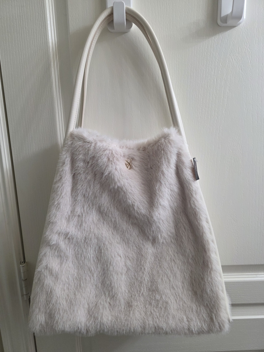 Victoria's Secret Cream Faux Fur Tote with Gold Logo